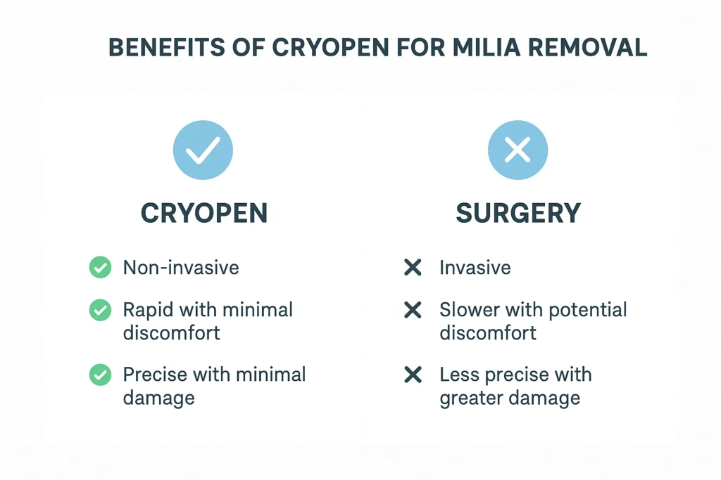 Benefits of cryopen for milia removal Ham compared to surgical treatments.
