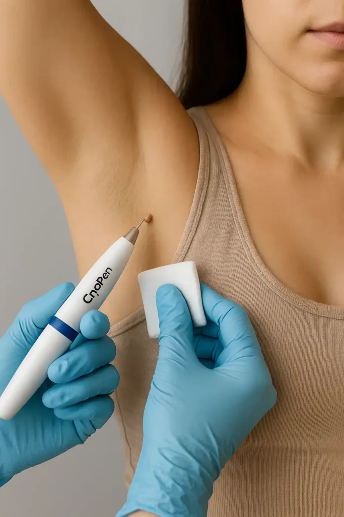 woman having cryopen to remove underarm skin tags Ham
