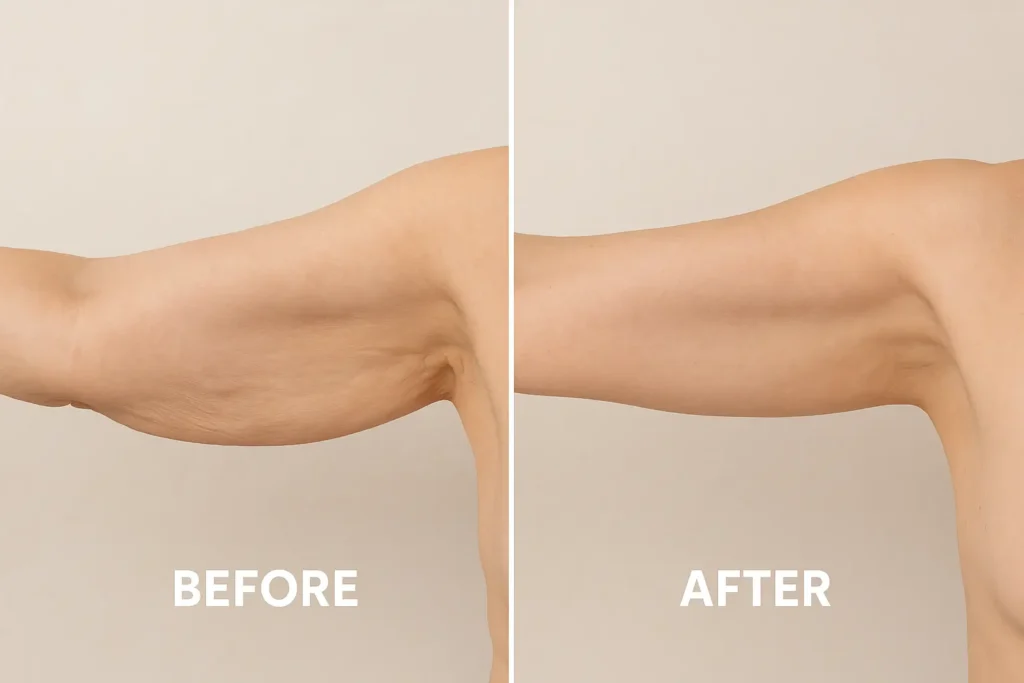 Picture of LA LIPO Ham before and after results of skin tightening treatment on the upper arms.