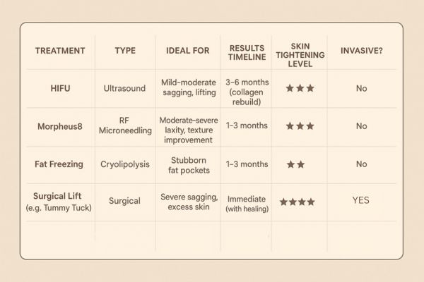 Table showing the comparisons of Skin tightening Ham treatment options.